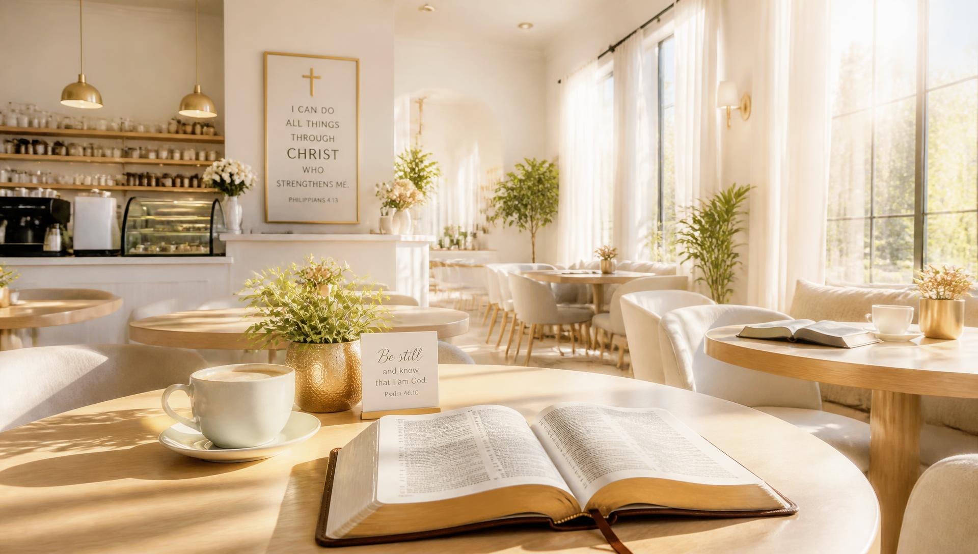 Bright Christian café interior with open Bibles, coffee and sunlight at Rehoboth
